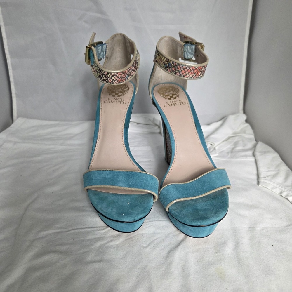 Vince Camuto Sandals Womens 8.5 Blue Suede Strappy Ankle Strap Block Heel Shoes
